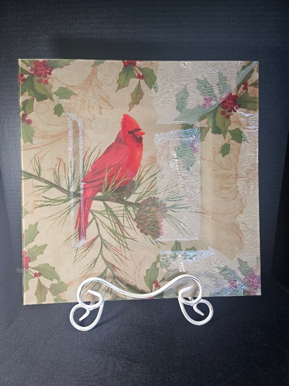 Pfaltzgraff Cardinal Wreath 15" Square Glass Platter Holiday Serving Dish